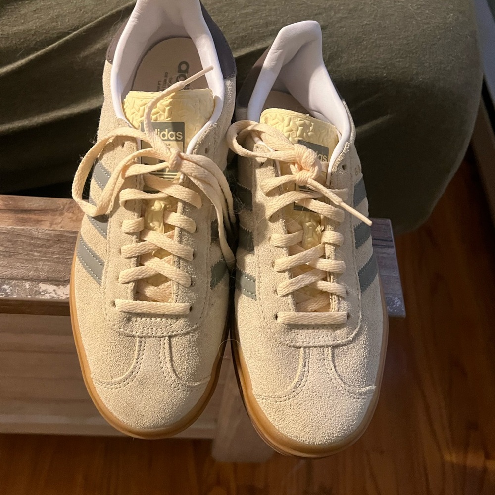 adidas yellow Suede Sneakers with Gray Stripes and Gum Outsole
